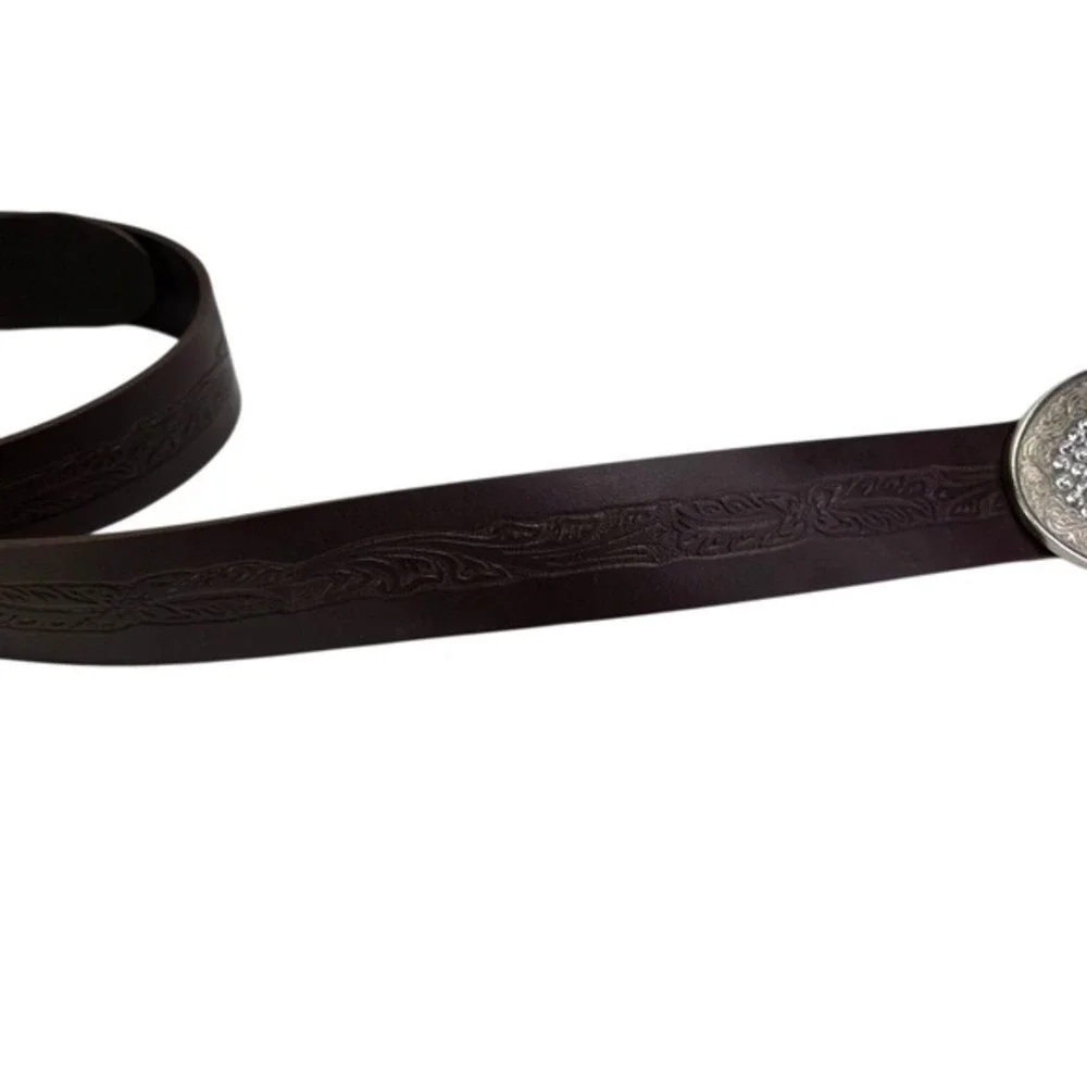 Abercrombie Fitch Brown‎ Tooled Leather Rhinestone Oval Buckle Italy Belt Size M